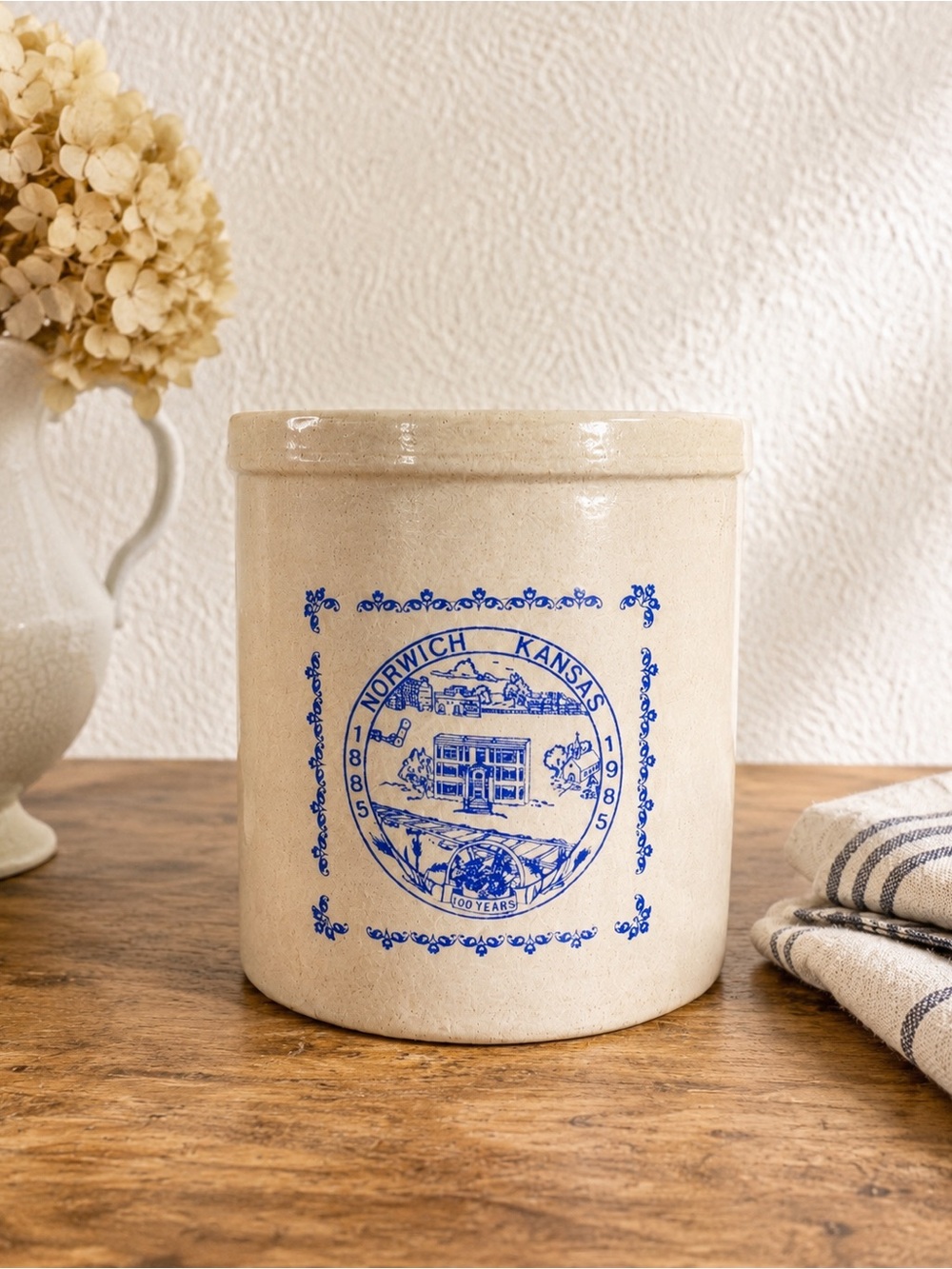 Norwich Kansas 1885–1985 Centennial Stoneware Crock | Blue Transferware